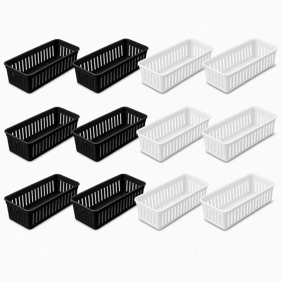 Stcellnmex Black and White 6 Pack Slim Plastic Storage Baskets, 10.25 x 3.25 x 2.5 Inch Narrow Stackable Drawer Organizer Trays for Desk, Cabinet, Garage