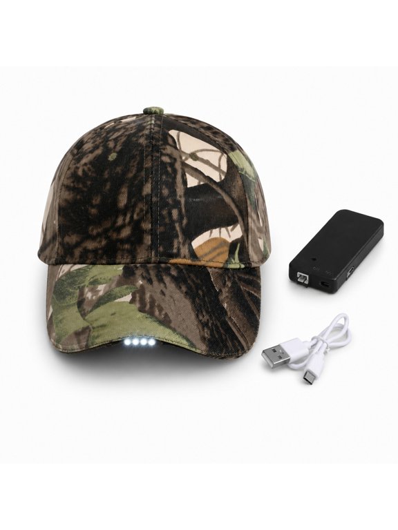 Cotton LED Baseball Cap Rechargeable USB Adjustable Light Hat for Fishing Jogging Camping Camouflage 1 Pack