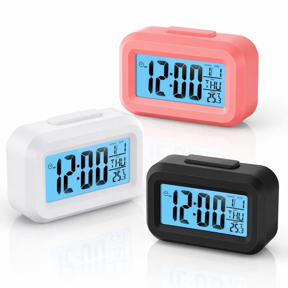 Stcellnmex Digital Alarm Clock, Large LCD Display, Snooze Back Light, Time Date Month Temperature, Classic Colors, 3 Pack