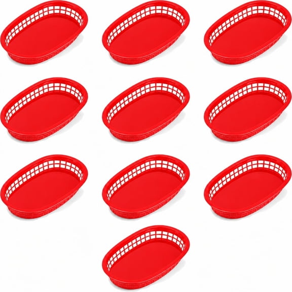 Stcellnmex Oval Plastic Fast Food Serving Baskets Retro Storage Trays 10.5 x 7 Inch Red For Burger Sandwich Chip Picnic Restaurant 10 Pack
