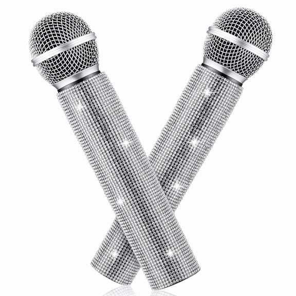Stcellnmex Plastic Pretend Microphone Prop Glitter Rhinestone Decor Novelty Party Favor Silver 2 Pack