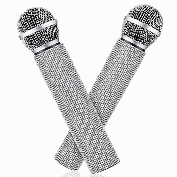 Stcellnmex Plastic Pretend Microphone Prop Glitter Rhinestone Decor Novelty Party Favor Silver 2 Pack