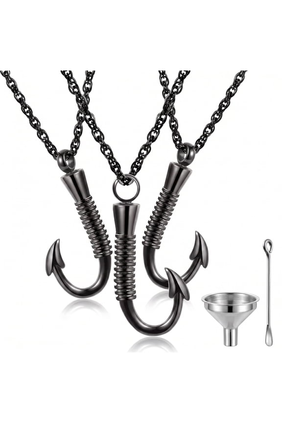 Set of 3 Fishing Hook Urn Necklace, Stainless Steel Cremation Ashes Jewelry, Black Fish Hook Memorial Ash Keepsake Pendant for Men, Father Day Gift
