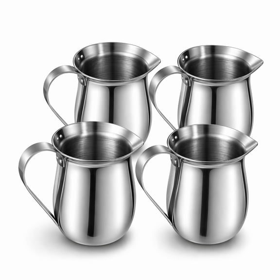 Stcellnmex Stainless Steel Bell Creamer Pitchers With Handle Spout 3 Ounce Mini Coffee Milk Syrup Sauce Cups 4 Pack