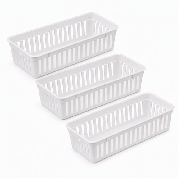 Stcellnmex White 3 Pack Slim Plastic Storage Baskets, 10.25 x 3.25 x 2.5 Inch Narrow Stackable Drawer Organizer Trays for Desk, Cabinet, Garage