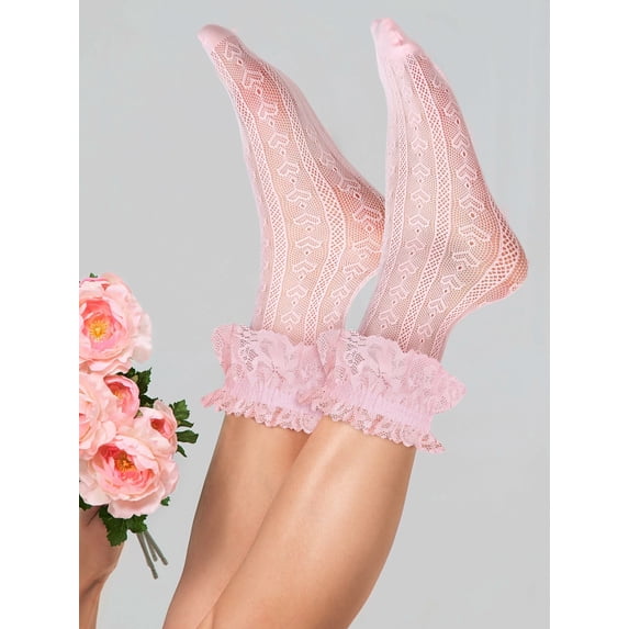 Stcellnmex Women Lace Socks, Ruffle Frilly Ankle Socks, Cute Lolita Lace Trim Dress Socks, Pink Color, 2 Pairs for Accessories