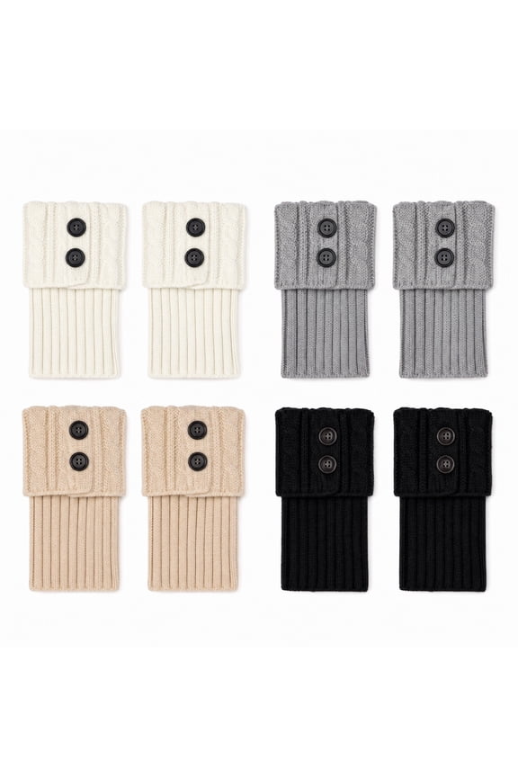 Women's Cable Knit Boot Cuffs, Short Boot Topper with Buttons, Winter Leg Warmers, 4 Pairs