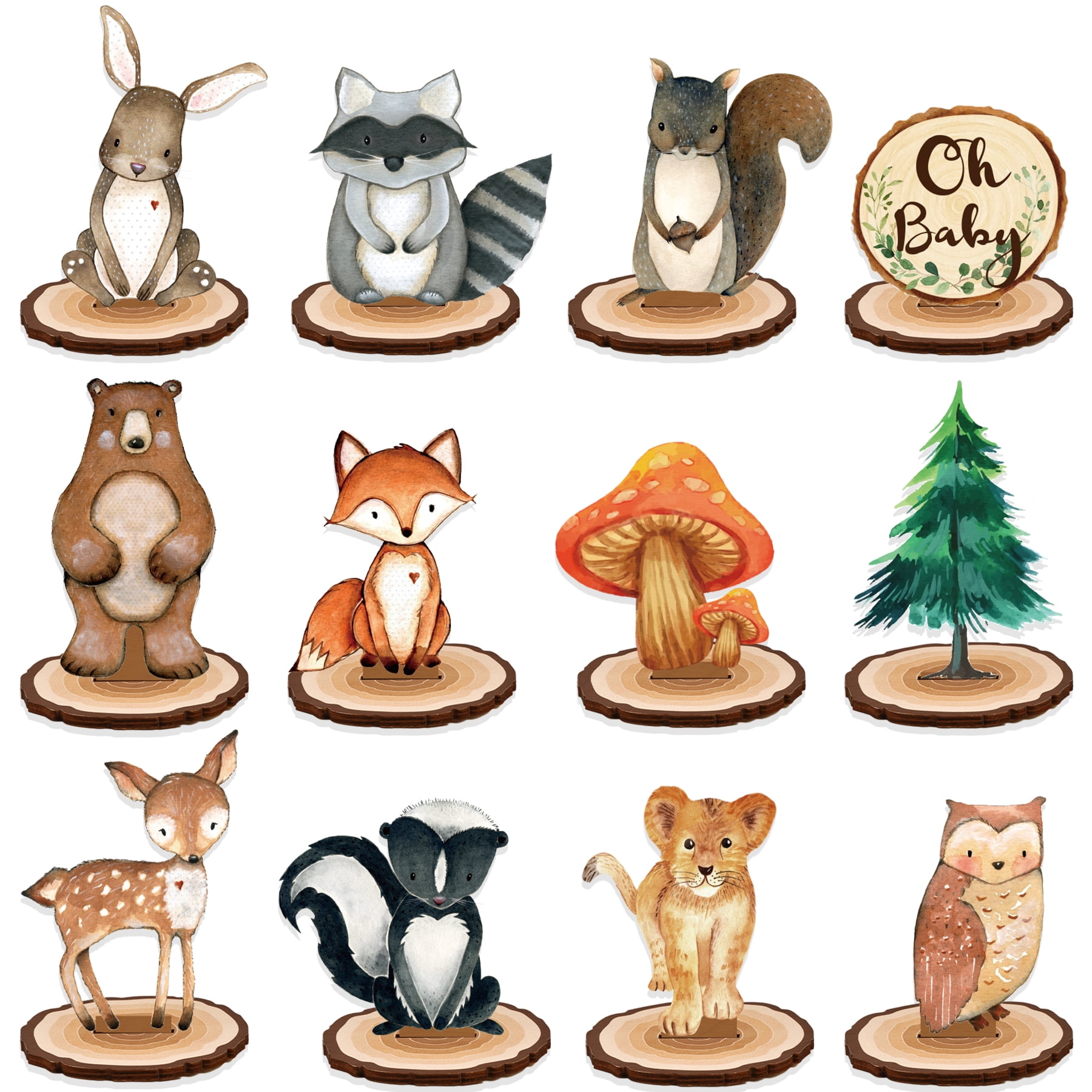 12Pcs Woodland Animal Cake Toppers - Baby Shower Decorations, Forest Theme Party Supplies For Boy Or Girl