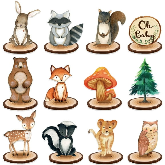 Wowhub 12Pcs Woodland Animal Tabletop Centerpieces Decor, Forest Wild Animal Cutout Shapes for Woodland Baby Shower Party Decorations, Wood