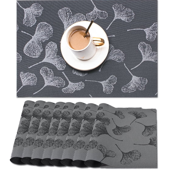 Placemats Set of 8, 12in x 18in, Black Ginkgo