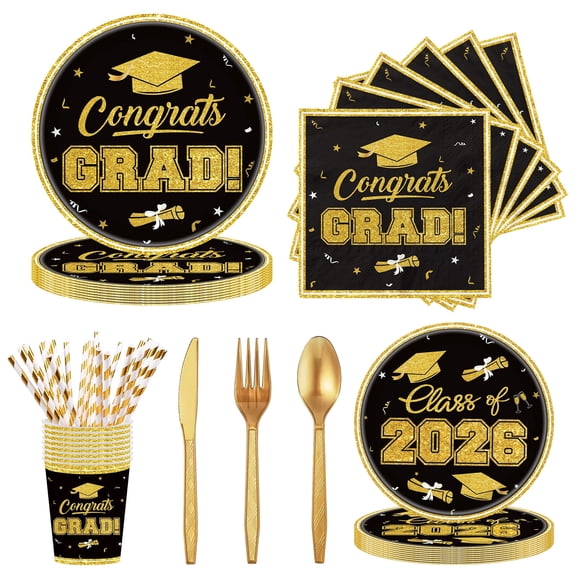 Stcomart Graduation Plates and Napkins Party Supplies,Class of 2026 Congrats Grad Disposable Tableware Set Include Paper Plate Napkin Cup Knife Spoon for Congrats Grad Party Decoration,Black