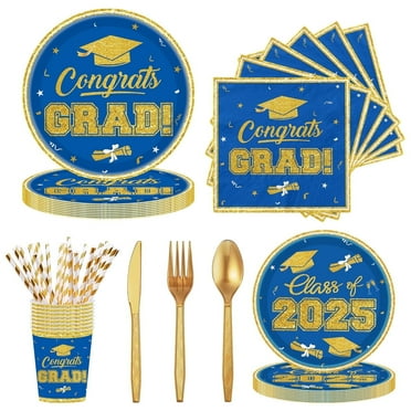 Stcomart Graduation Plates and Napkins Party Supplies，Class of 2025 Congrats Grad Disposable Tableware Set Include Paper Plate Napkin Cup Knife Spoon for Congrats Grad Party Decoration，Blue