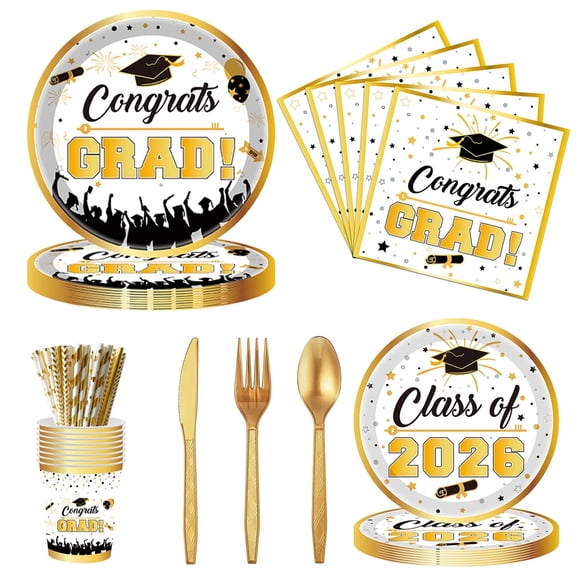 Graduation Plates and Napkins Party Supplies,Class of 2026 Congrats Grad Disposable Tableware Set Include Paper Plate Napkin Cup Knife Spoon for Congrats Grad Party Decoration,Gold
