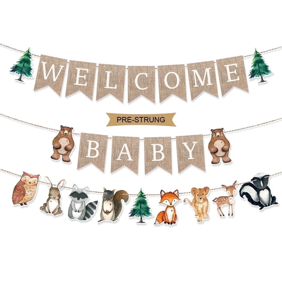 Wowhub Pre-Strung 6ft Burlap Welcome Baby Banner for Woodlands Baby Shower Decorations,Neutral Forest Animals Gender Reveal Party Decor, Flaxen