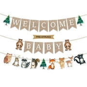 Stcomart Pre-Strung 6ft Burlap Welcome Baby Banner for Woodlands Baby Shower Decorations,Neutral Forest Animals Gender Reveal Party Decor, Flaxen