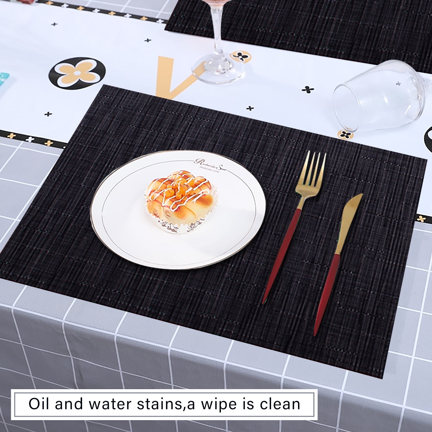 Set of 4 Black Vinyl Placemats 12 x 18 Inches Washable PVC