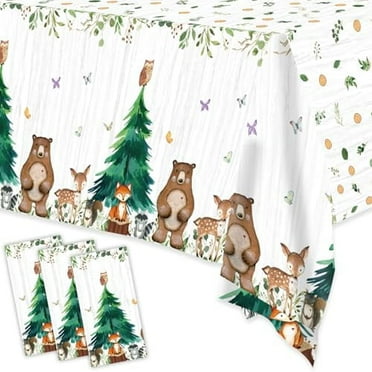 Wowhub Woodland Animal Tablecloths, Woodland Baby Shower Decorations Plastic Disposable for Rectangle Tables Neutral Forest Animals Gender Reveal Party Decor, 54 * 108 inch (Pack of 3)