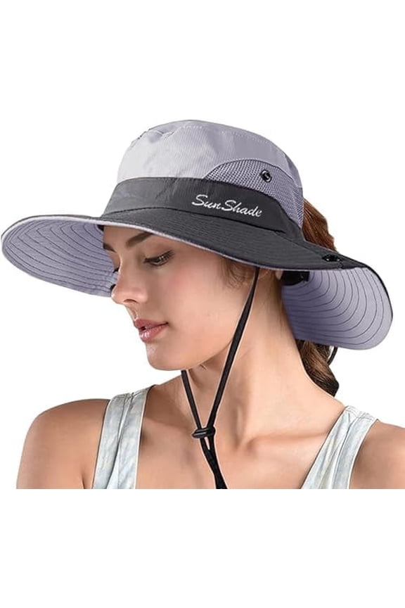 Women's Ponytail Safari Sun Hat,Wide Brim UV Protection Outdoor Bucket Hat,Foldable Beach Summer Fishing Hat