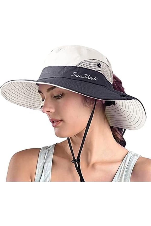 Women's Ponytail Safari Sun Hat,Wide Brim UV Protection Outdoor Bucket Hat,Foldable Beach Summer Fishing Hat