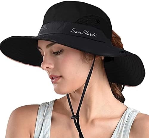 Women's Ponytail Safari Sun Hat,Wide Brim UV Protection Outdoor Bucket Hat,Foldable Beach Summer Fishing Hat