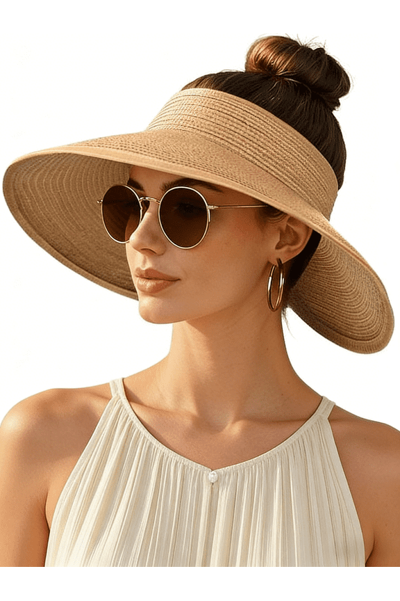 Women's Sun Visor Hats Wide Brim Straw Beach Hat Ponytail Hats for Women Foldable Floppy