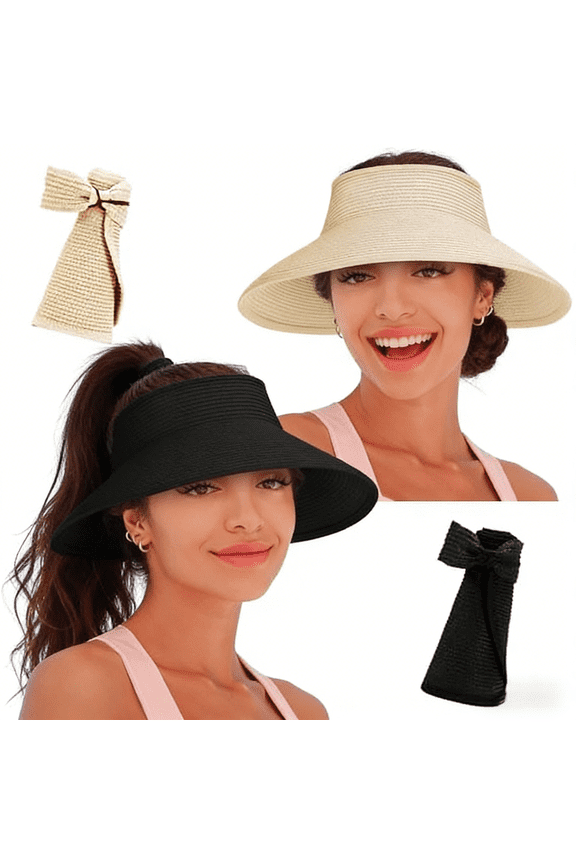 Women's Sun Visor Hats Wide Brim Straw Beach Hat Ponytail Hats for Women Foldable Floppy
