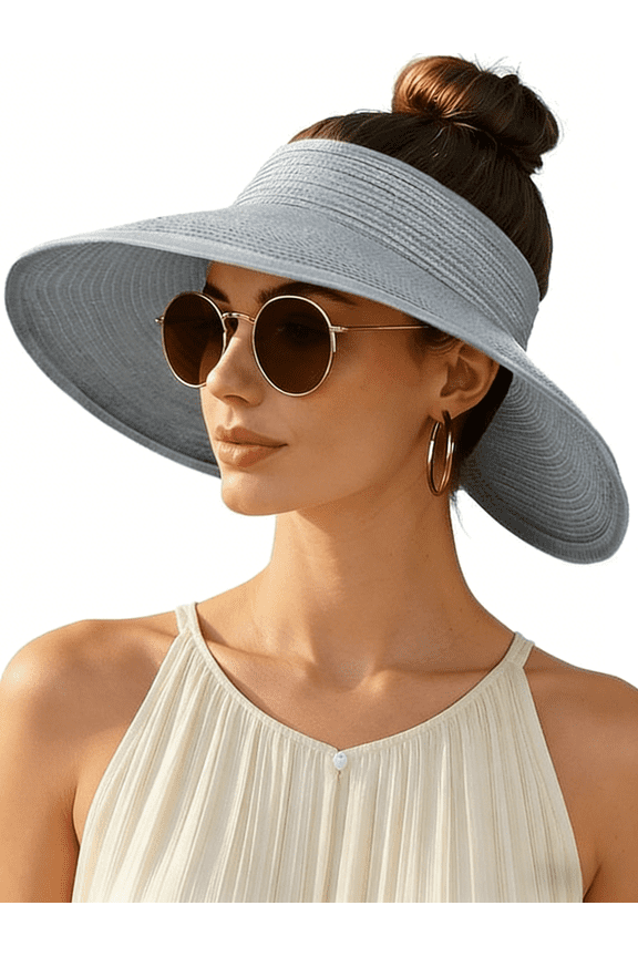 Women's Sun Visor Hats Wide Brim Straw Beach Hat Ponytail Hats for Women Foldable Floppy
