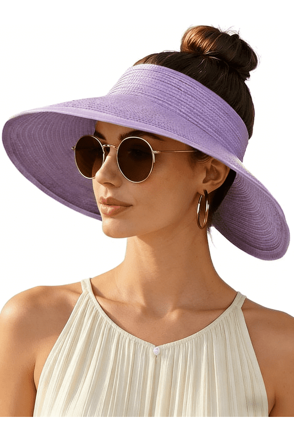Women's Sun Visor Hats Wide Brim Straw Beach Hat Ponytail Hats for Women Foldable Floppy