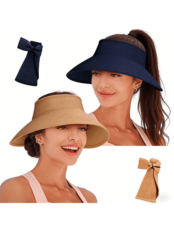 Women's Sun Visor Hats Wide Brim Straw Beach Hat Ponytail Hats for Women Foldable Floppy