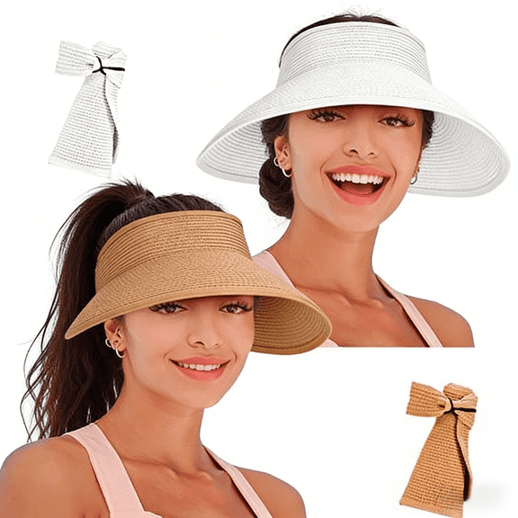 Stcylzfu Women's Sun Visor Hats Wide Brim Straw Beach Hat Ponytail Hats for Women Foldable Floppy