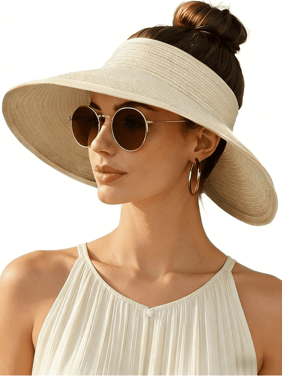 Women's Sun Visor Hats Wide Brim Straw Beach Hat Ponytail Hats for Women Foldable Floppy