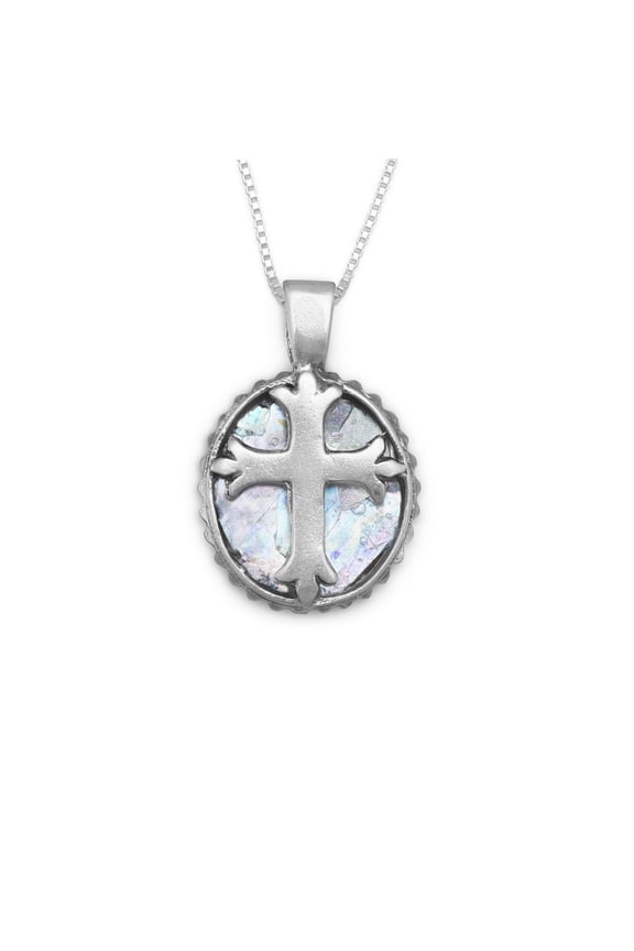 Ste. Silver 18 Inch Round Ancient Roman Glass Cross Necklace 1mm Box Chain Spring Ring Closure Charm