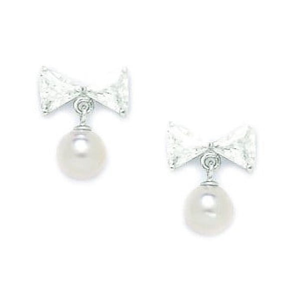 Ste. Silver Plated White 5x5mm Freshwater Cultured Pearl and Cubic Zirconia Bow Screw-Back Earrings