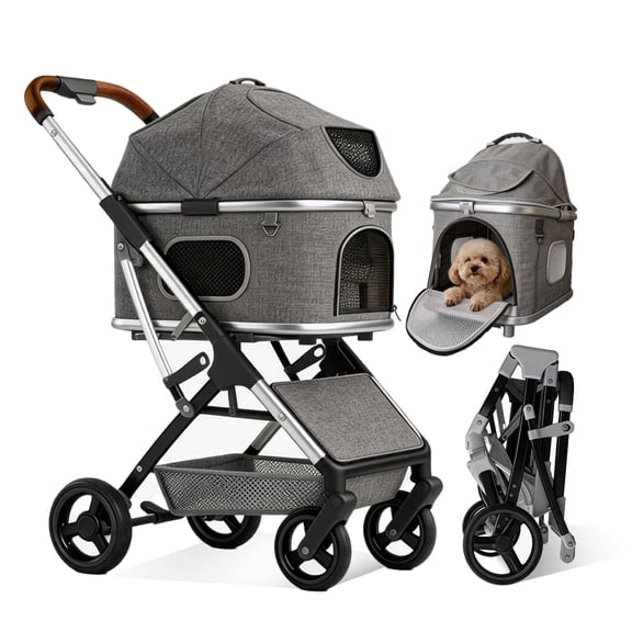 SteAnny Pet Stroller 4-Wheels for Medium Dogs/ Cats Upto 55lbs, 2-in-1 Removable Carrier & One-Click Folding (Gray)