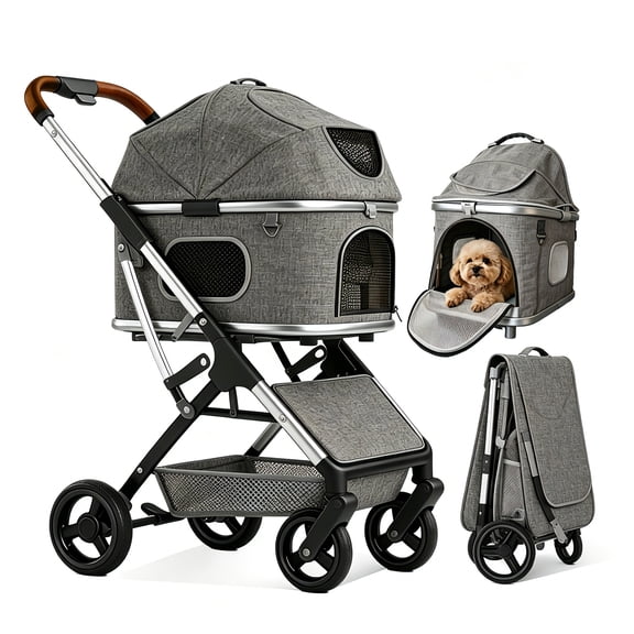 SteAnny Pet Stroller 4-Wheels for Medium Dogs/ Cats Upto 55lbs, 2-in-1 Removable Carrier & One-Click Folding (Gray)