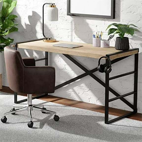 Open Box Stead Industrial Computer Desk Table - 55-Inch Oak with Steel Frame - Thick Desk for Work & Study - Melamine Laminate Top - Adjustable Foot Pads