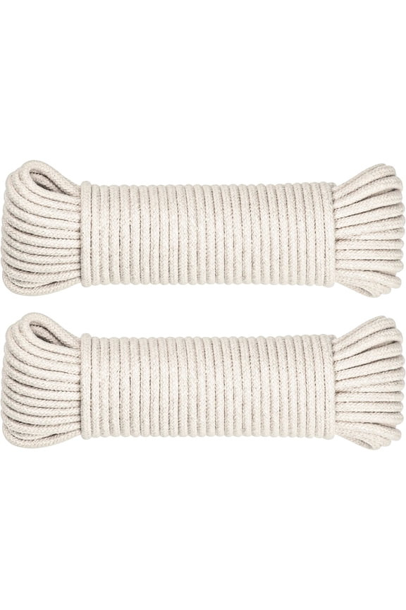 100 ft Natural Cotton 3/16 Inch Clothesline UV Resistant Laundry Line Rope, Off-White, 2 Pack (50 ft Each)