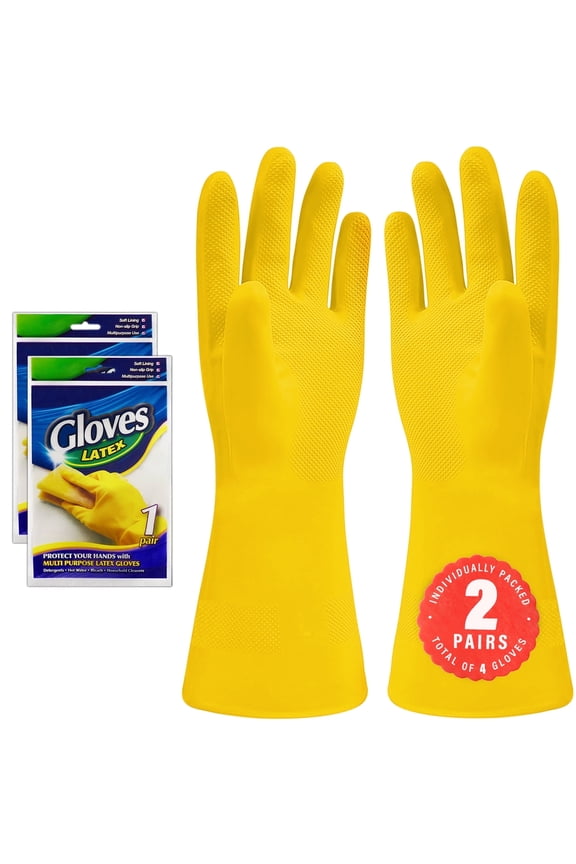 Natural Rubber Dishwashing Gloves, Large, Reusable Household, Yelow, 2 Pack