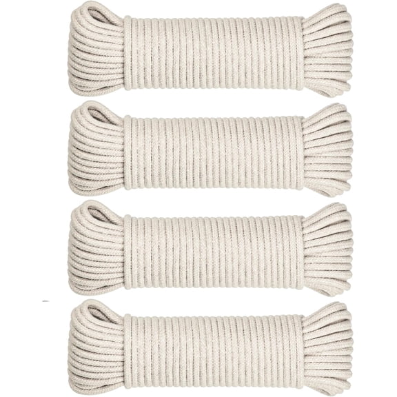 steadMax Natural Cotton Twisted Clothesline Rope Cord, 3/16 Inch, 200ft Total (4 Pack, 50ft Each)