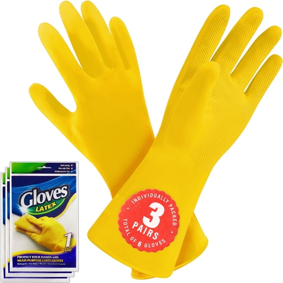 SteadMax Latex Cleaning Gloves, 3-Pair Value Pack, Reusable Household & Dishwashing Gloves, X-Large, Yellow