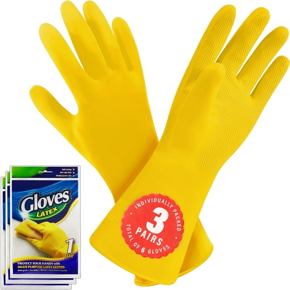 SteadMax Latex Cleaning Gloves, 3-Pair Value Pack, Reusable Household & Dishwashing Gloves, Medium, Yellow