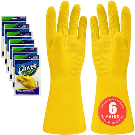SteadMax Latex Cleaning Gloves, 6-Pair Value Pack, Reusable Household & Dishwashing Gloves, Large, Yellow