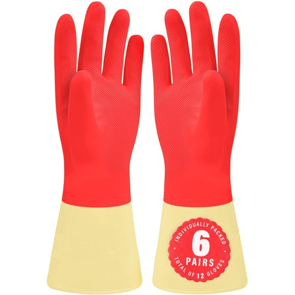 SteadMax Rubber Cleaning Gloves, 6-Pair Value Pack, Reusable Household & Dishwashing Gloves, Large, Red
