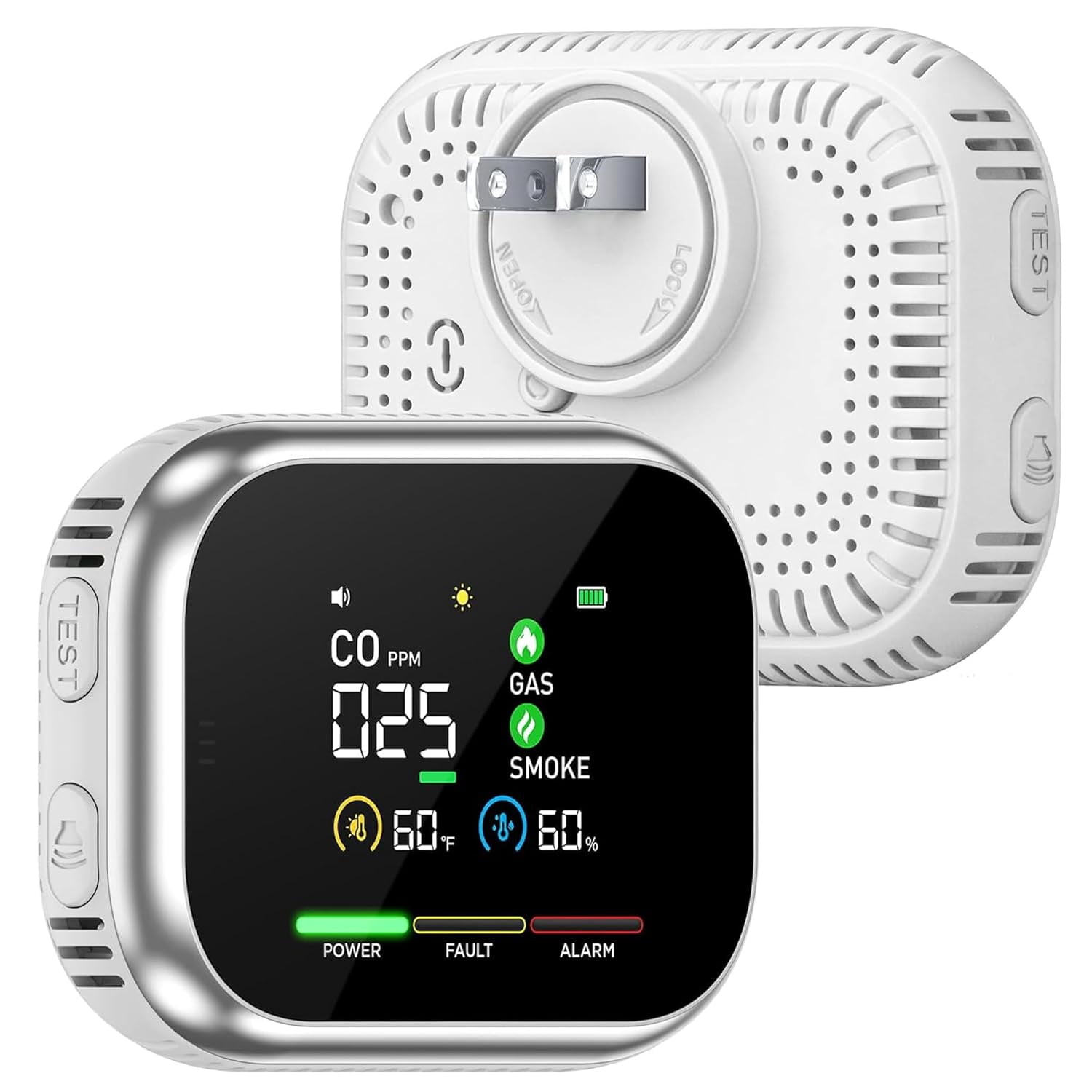 Steadfast Haven 6-in-1 Air Quality Monitor Plug in HD Display Temperature Humidity has a Built in Rechargeable Battery (White)