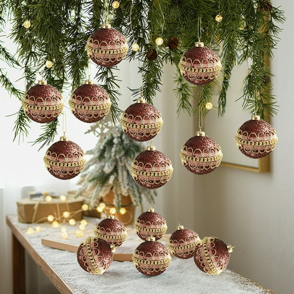 Steadlien Brown Foam Christmas Ornaments Set of 12 Coffee Themed Glitter Hanging Balls with Adhesive Powder for Xmas Tree Decorations Holiday Party Festive Decor