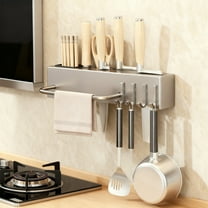 Steadlien Wall Mounted Multi-Functional Knife Holder with Utensil Hooks No-Drill Kitchen Storage Rack for Knives Chopsticks Spoons Space Saving Organizer in Black Gray Options