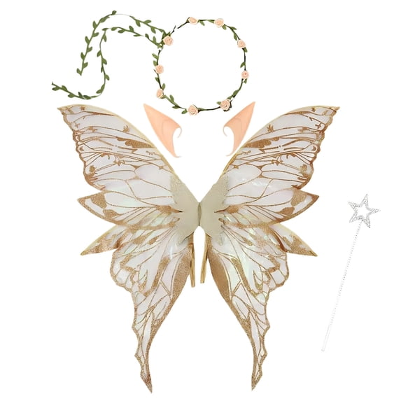 Steadline 4-Piece Fairy Costume Accessory Set, Butterfly Wings with Headband, Ear Tips and Magic Wand, Lightweight Party Prop for Halloween and Themed Dress-Up(Gold)