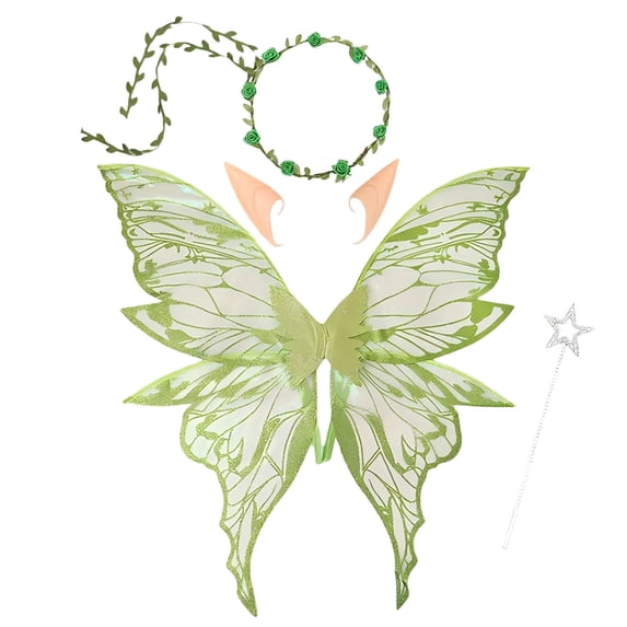 Steadline 4-Piece Fairy Costume Accessory Set, Butterfly Wings with Headband, Ear Tips and Magic Wand, Lightweight Party Prop for Halloween and Themed Dress-Up(Green)