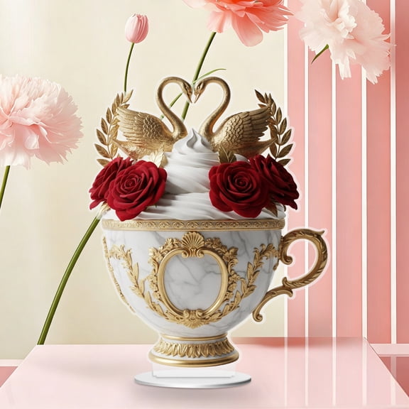 Steadline Acrylic Heart Shaped Teacup Ornament,Romantic Valentine's Day Decorative Gift for Couples and Home Decor,Elegant Love Theme Tabletop Display for Office Desk or Dining Table Centerpiece