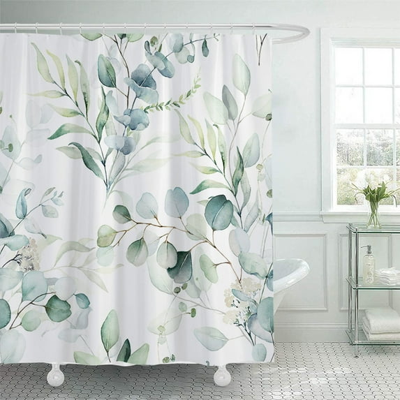 Steadline Botanical Shower Curtain Watercolor Eucalyptus Print Polyester Fabric Bathroom Decor with 12 Hooks Water Repellent Machine Washable Modern Home Decor